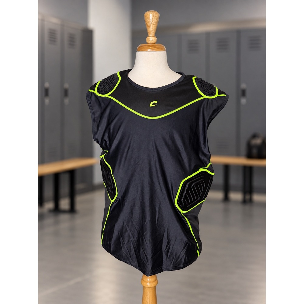 Men's 2X Padded Football Compression Shirt Rib Shoulder Protection Black Green